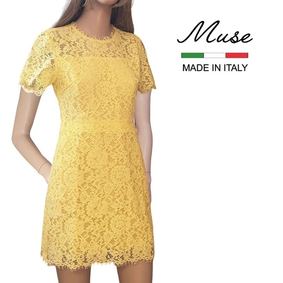 Muse Dress Yellow All-Over Floral Lace Yellow Tule Eyelash Trim Made Italy NWOT - Picture 1 of 16
